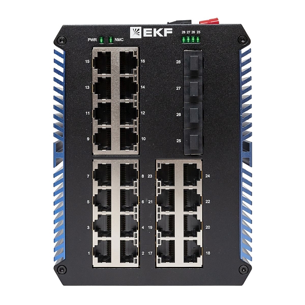 Промышленный неуправляемый коммутатор U-4GX/SFP-24GTP, 4 порта 1000Base-X SFP, 24 порта 10/100/1000Base-T(X) RJ45 c PoE, монтаж на динрейку TSX EKF
