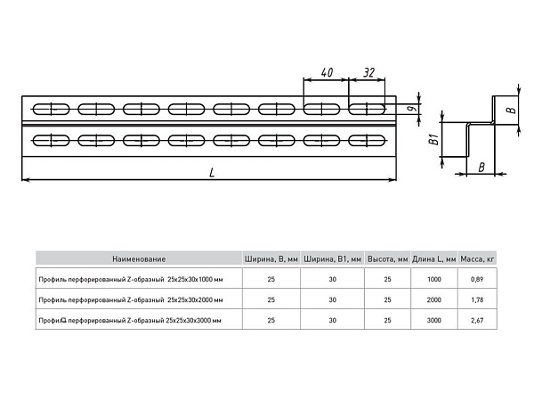 Профиль перфорированный Z-образный 25x30x1000 мм (2 мм) EKF