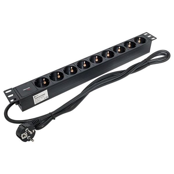 Блок розеток PDU TERACOM PRO 19" 1U 16А/250В 9 розеток Schuko шнур питания длиной 2 метра сечение 3x1,5 мм2 вилка Schuko корпус алюминий черный