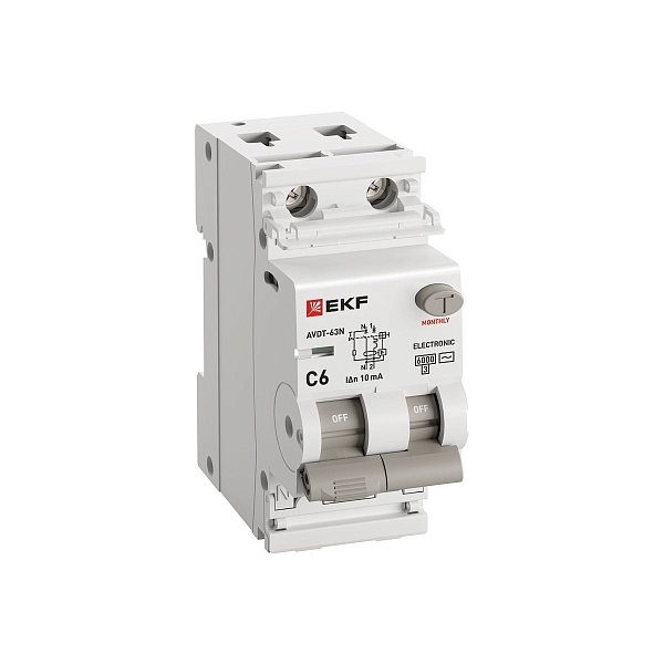 Автоматический выключатель дифференциального тока АВДТ-63N 1P+N 6А характеристика C 10мА тип AC электронный 6кА PROXIMA EKF