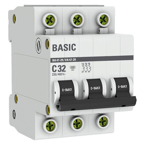 Автоматический выключатель ВА 47-29 3P 32А (C) 4,5кА BASIC