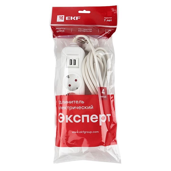 Удлинитель "Эксперт" 4 гнезда 2 метра 16А/3,5кВт с 2 USB 2,1А ПВС 3x1 EKF PROxima