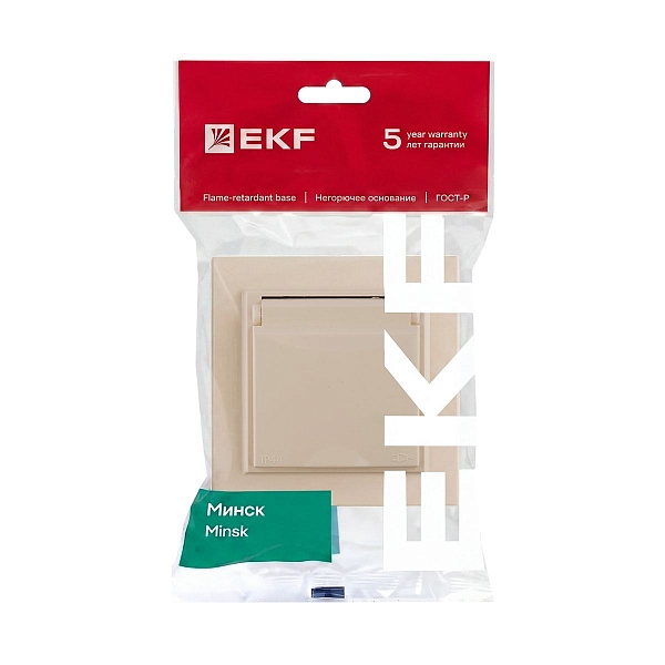 Минск Розетка 1-местная СП с/з с крышкой 16А бежевая с защ. штор. IP44 EKF