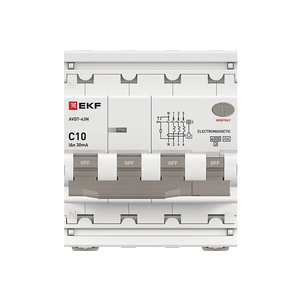 Автоматический выключатель дифференциального тока АВДТ-63N 3P+N 10А характеристика C 30мА тип A электромеханический 6кА PROXIMA EKF