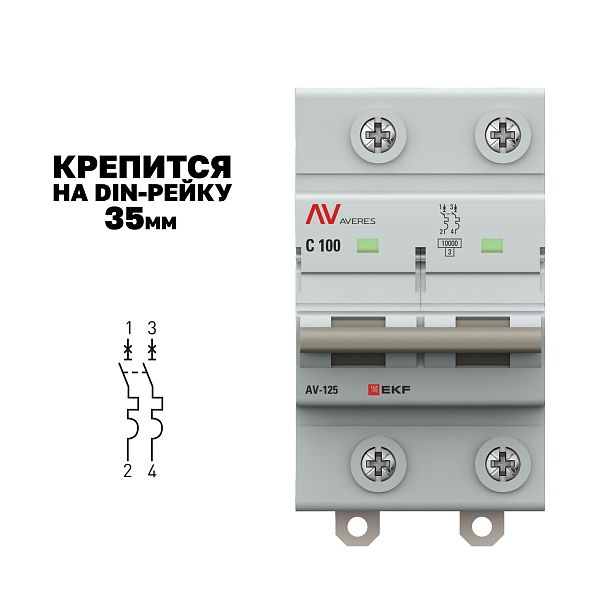 Выключатель автоматический AV-125 2P 100A (C) 10kA EKF AVERES