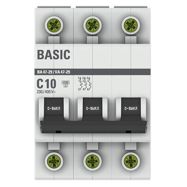 Автоматический выключатель ВА 47-29 3P 10А (C) 4,5кА BASIC