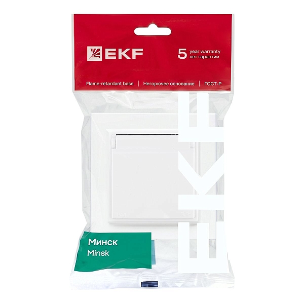 Минск Розетка 1-местная СП с/з с крышкой 16А белая с защ. штор. IP44 EKF
