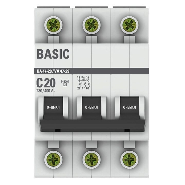 Автоматический выключатель ВА 47-29 3P 20А (C) 4,5кА BASIC