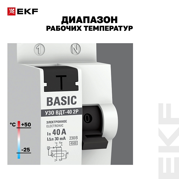 Выключатель дифференциального тока ВДТ-40 2P 40А 30мА тип АС электронный 4,5кА BASIC