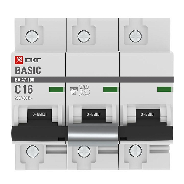 Автоматический выключатель 3P 16А (C) 10kA ВА 47-100 EKF Basic