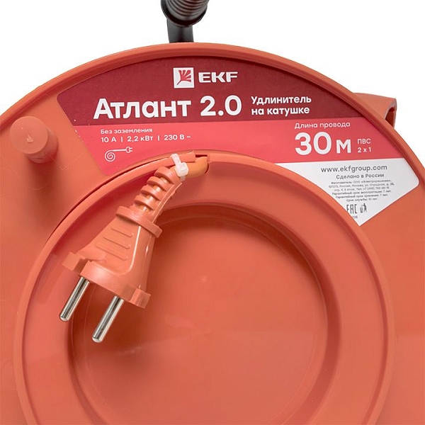 Удлинитель на катушке "Атлант 2.0" 1 гнездо 30м без заземления ПВС 2*1 10А/2,2кВт PROxima 