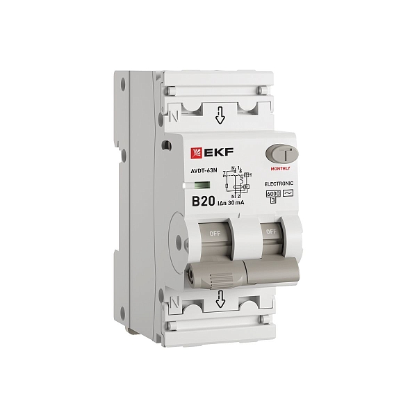 Автоматический выключатель дифференциального тока АВДТ-63N 1P+N 20А характеристика B 30мА тип AC электронный 6кА PROXIMA EKF