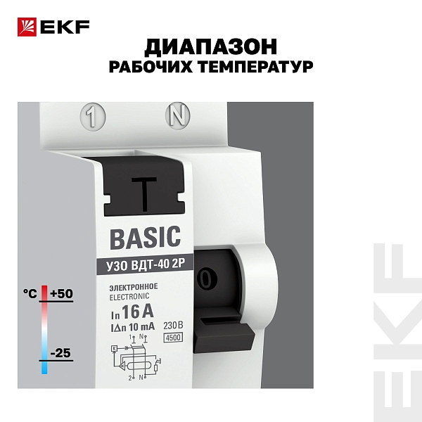 Выключатель дифференциального тока ВДТ-40 2P 16А 10мА тип АС электронный 4,5кА BASIC