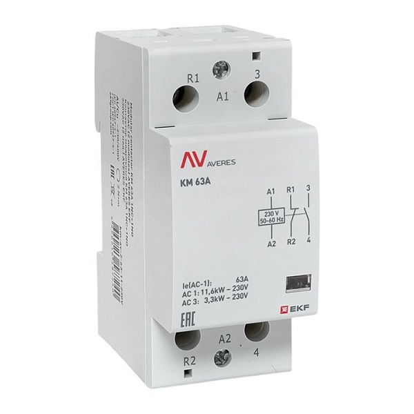 Контактор модульный КМ 63А 1NO+1NC 230В АС (2 мод.) AVERES EKF