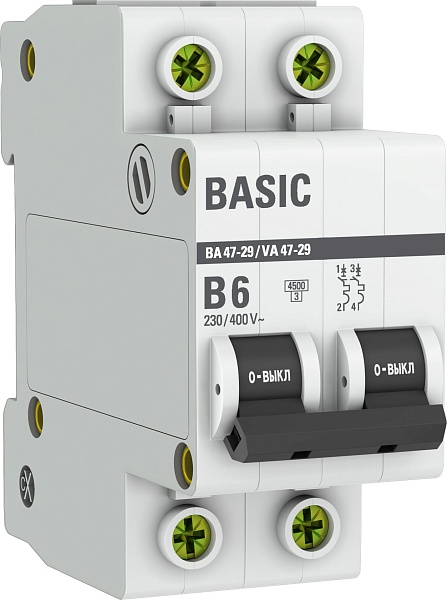 Автоматический выключатель ВА 47-29 2P 6А (B) 4,5кА BASIC