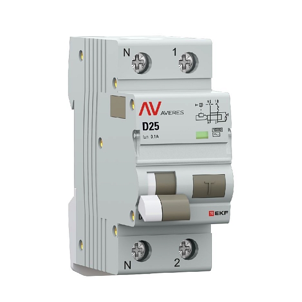 Автоматический выключатель дифференциального тока DVA-10 1P+N 25А характеристика D 100мА тип AС электромеханический 10кА AVERES EKF