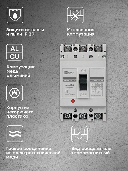 Выключатель автоматический в литом корпусе ВА-99М 100/40А 3P 10In 35кА с термомагнитным расцепителем EKF