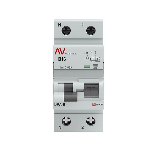 Автоматический выключатель дифференциального тока DVA-6 1P+N 16А характеристика D 30мА тип A электромеханический 6кА AVERES EKF