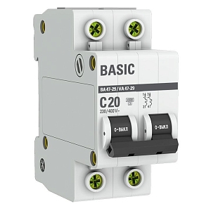 Автоматический выключатель ВА 47-29 2P 20А (C) 4,5кА BASIC